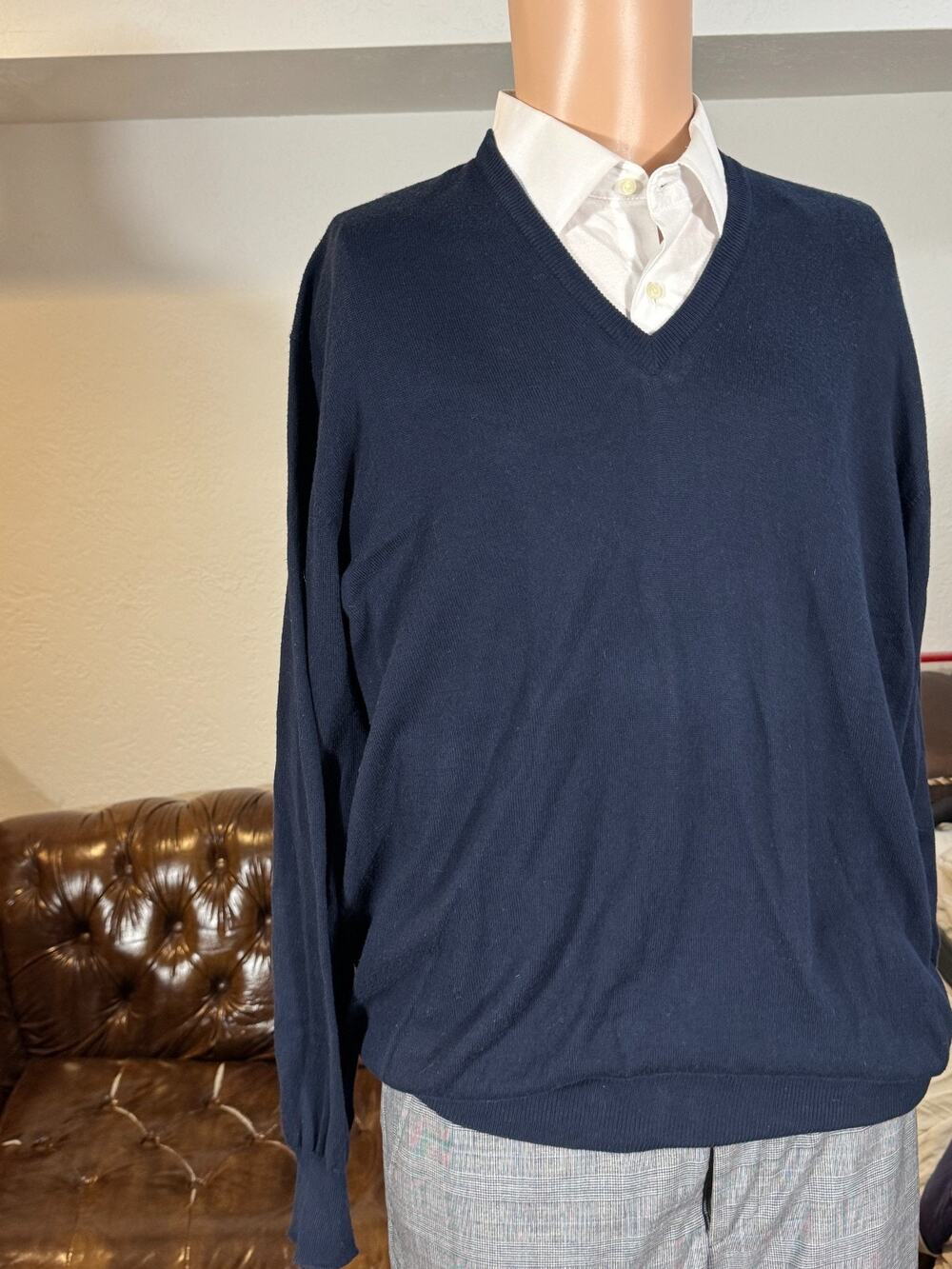 Loro Piana Navy Blue Cotton V Neck Sweater 56 XL Men's